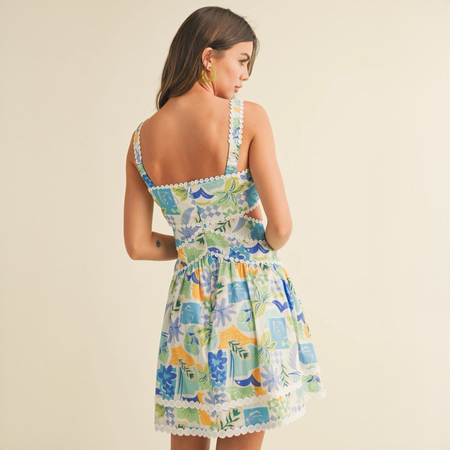Tropical Lace Trim Mini Dress