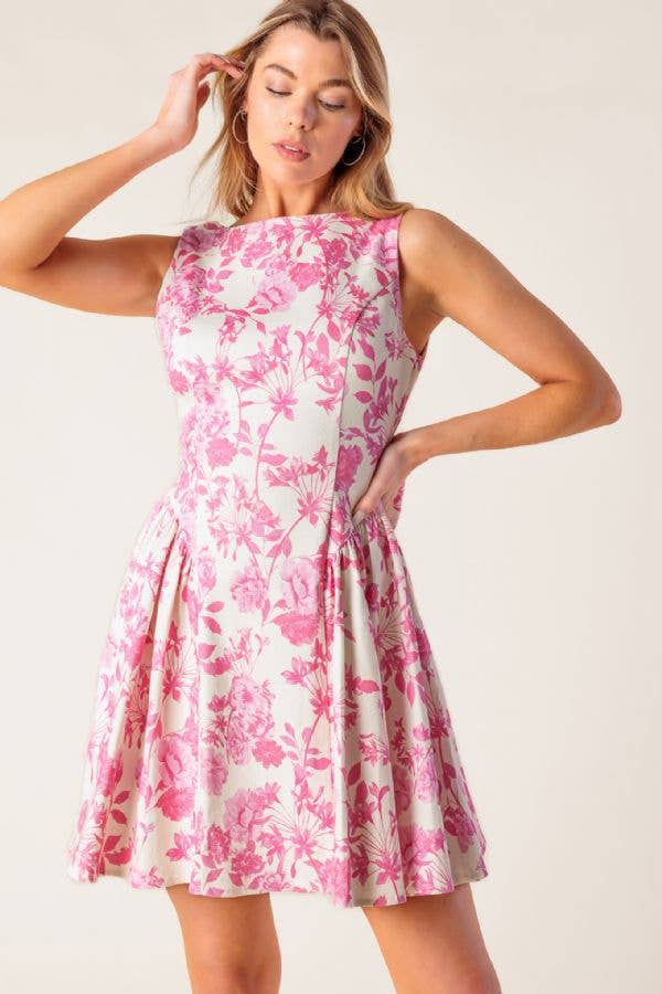 Pink Bow Detail Open back Floral Print Mini Dress