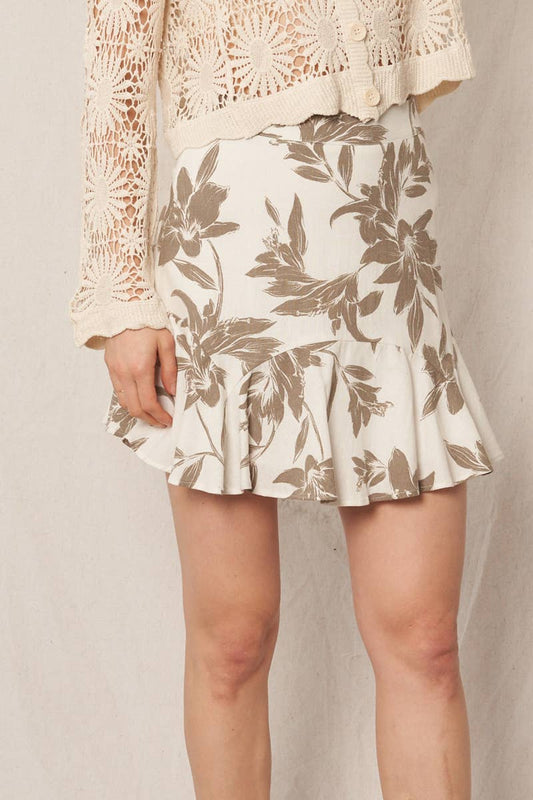 Ivory and Olive Printed Ruffle Mini Skirt