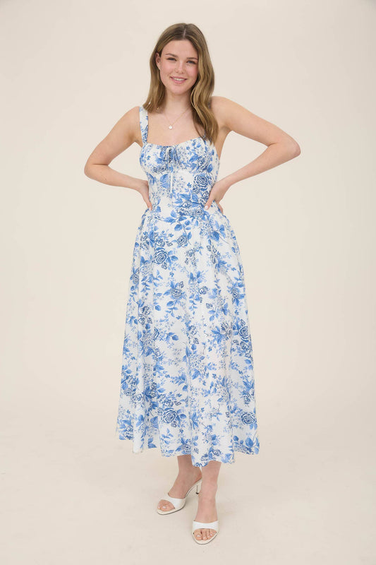 Blue and White Rose Print Sleeveless Corset Details Midi Dress