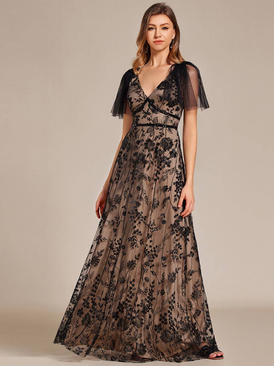 Black and Nude Embroidery Deep V-Neck Ruffles Tulle Dresses