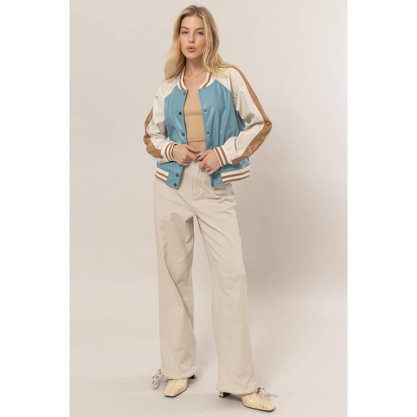 Faux Leather Color Block Baseball Jacket
