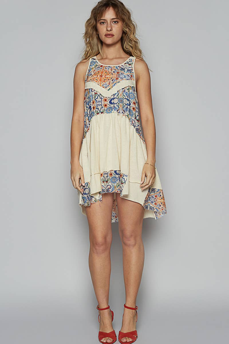Ivory Round Neck Sleeveless Floral Patchwork Tunic Top