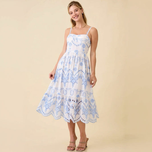 Scallop Hem Midi Dress With Eyelet Fabric Details