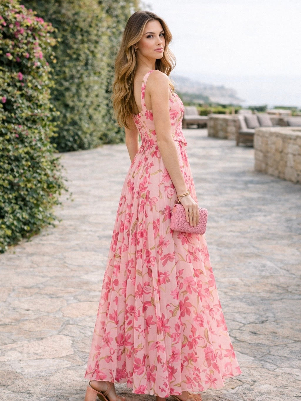 Romantic Floral Sheer Sleeveless Corset Maxi Dress