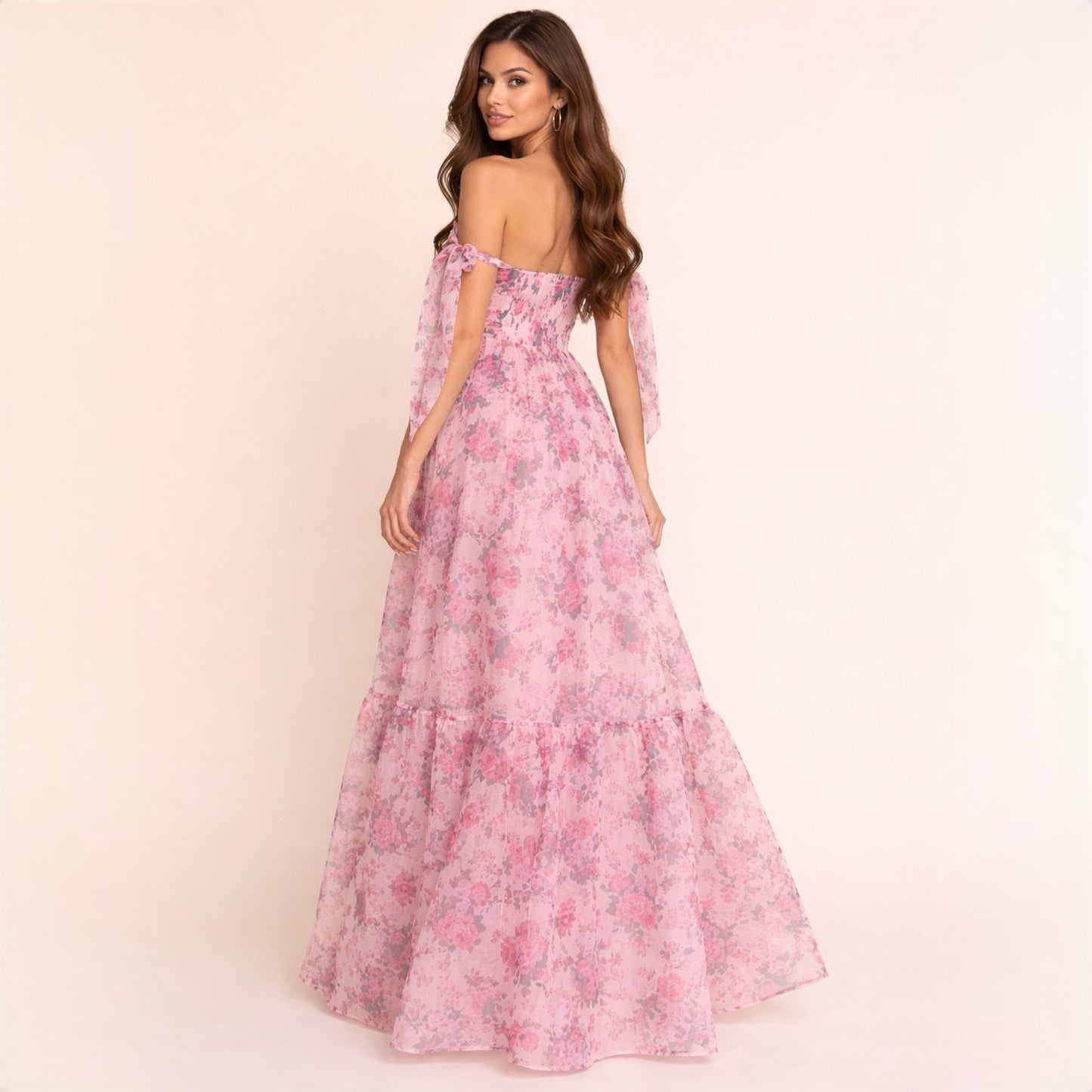 Romantic Pink Floral Off-Shoulder Maxi Dress