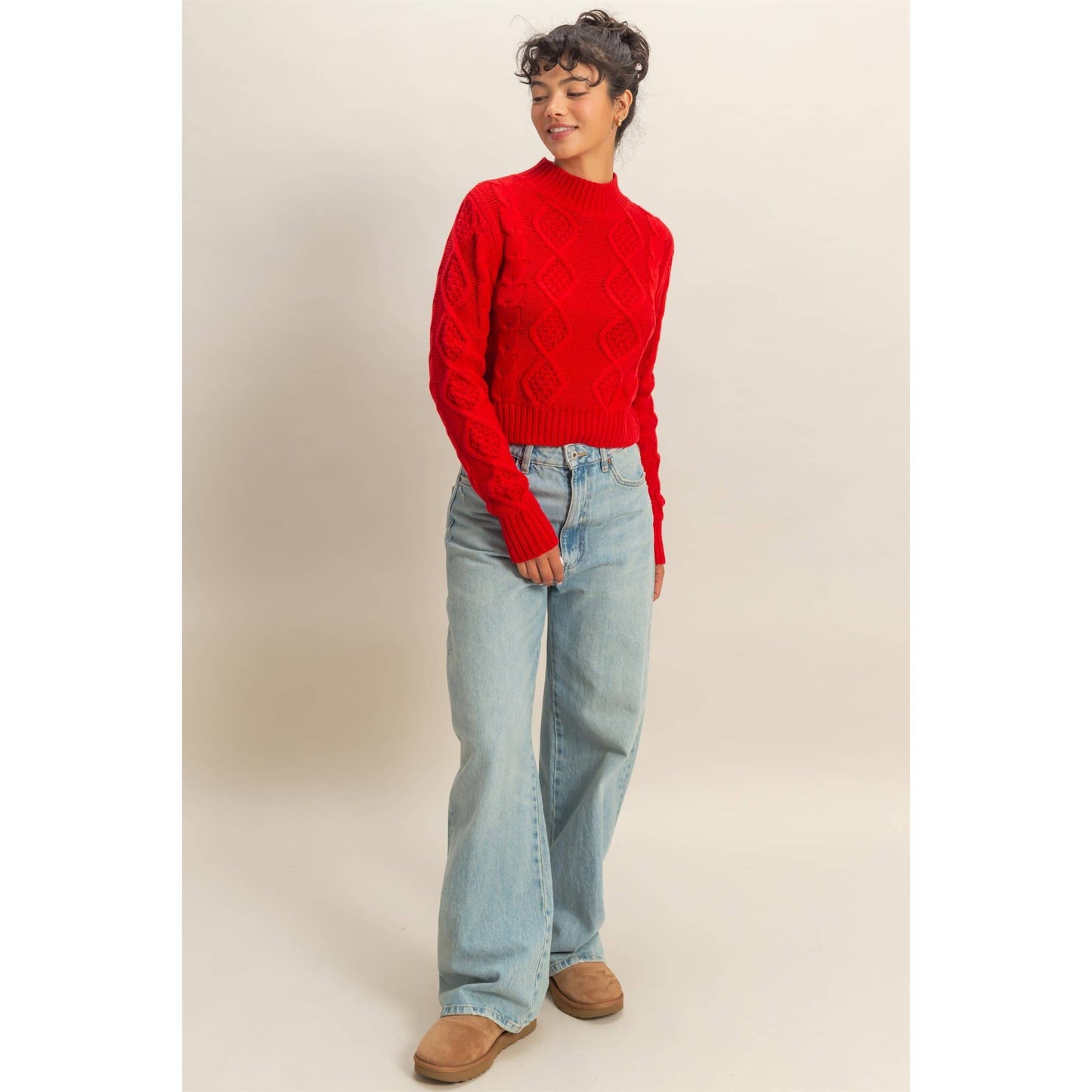 Textured Cable-Knit High Neck Sweater