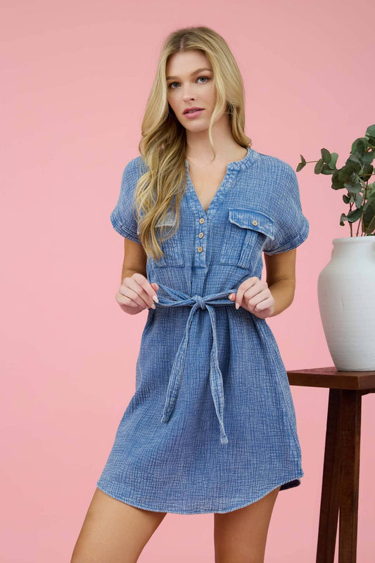 Tie Waist Half Button Mini Dress