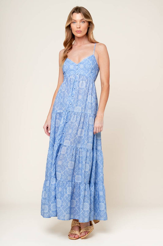 Blue Printed Sleeveless Maxi Dress
