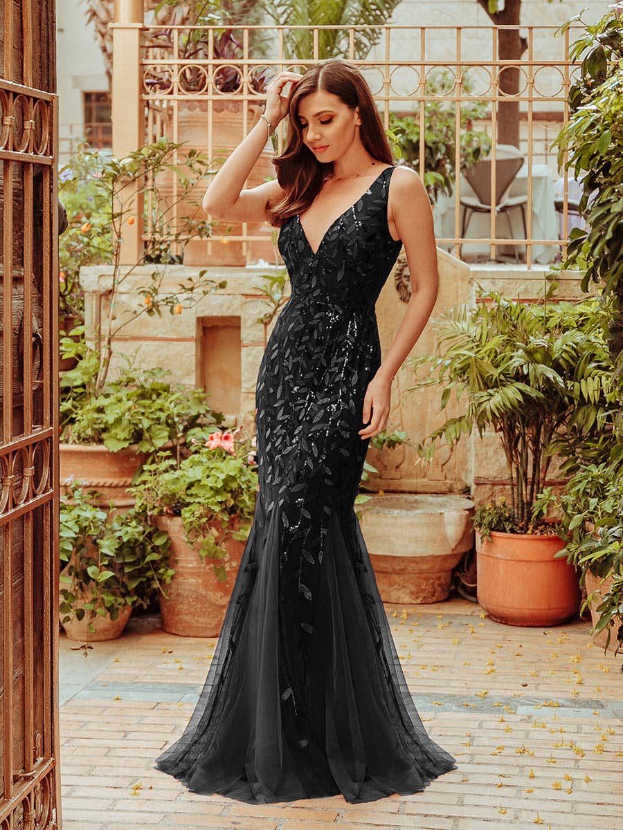 Black Fishtail Sequin Mesh Evening Dress