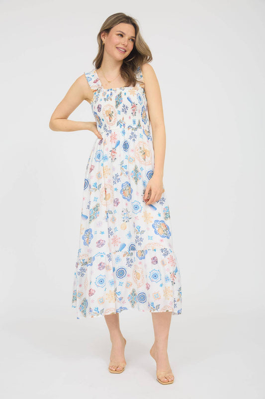 Smocked Top Floral Print Midi Dress
