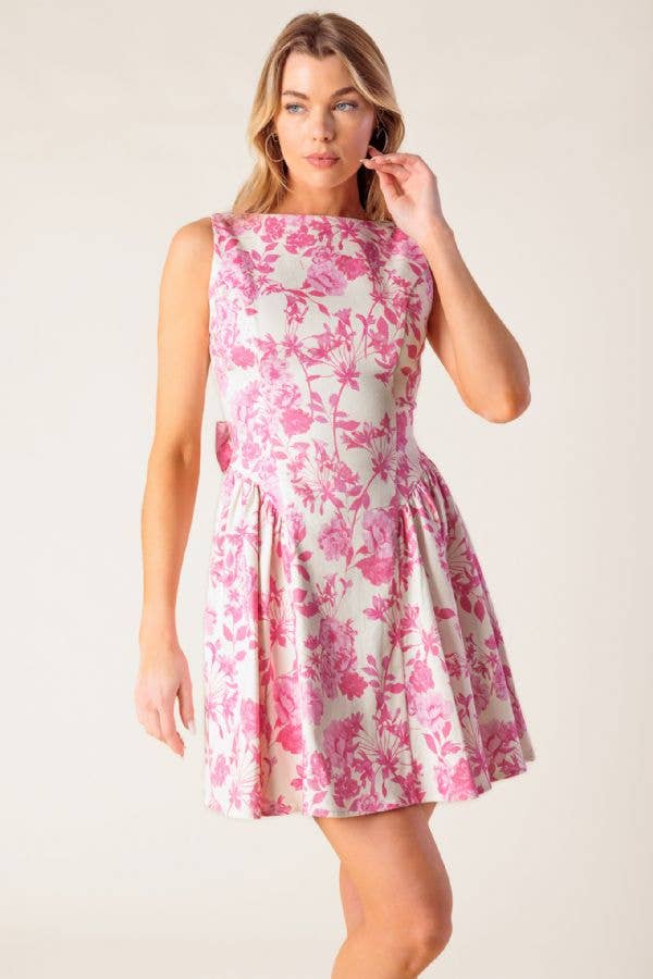 Pink Bow Detail Open back Floral Print Mini Dress
