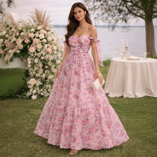Romantic Pink Floral Off-Shoulder Maxi Dress