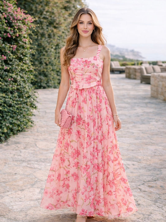 Romantic Floral Sheer Sleeveless Corset Maxi Dress