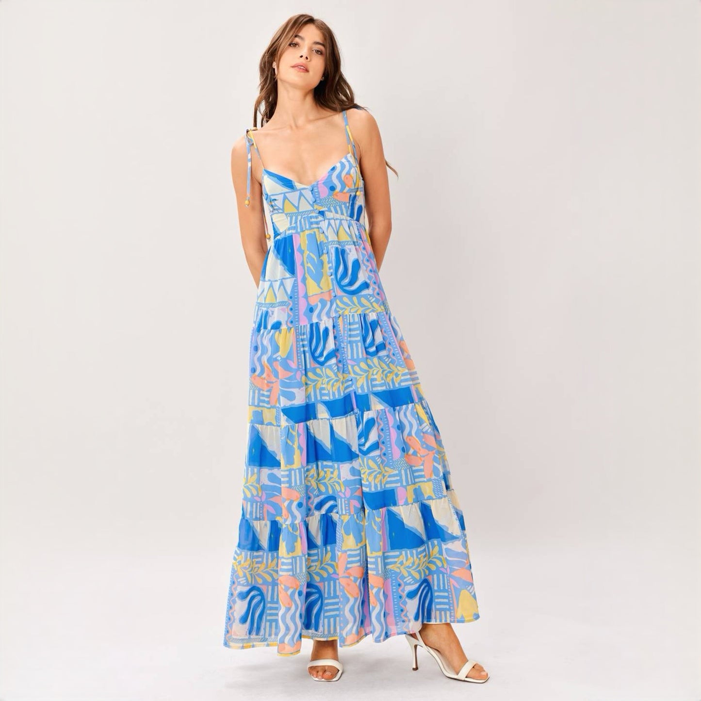 Coral Print Tiered Maxi Dress