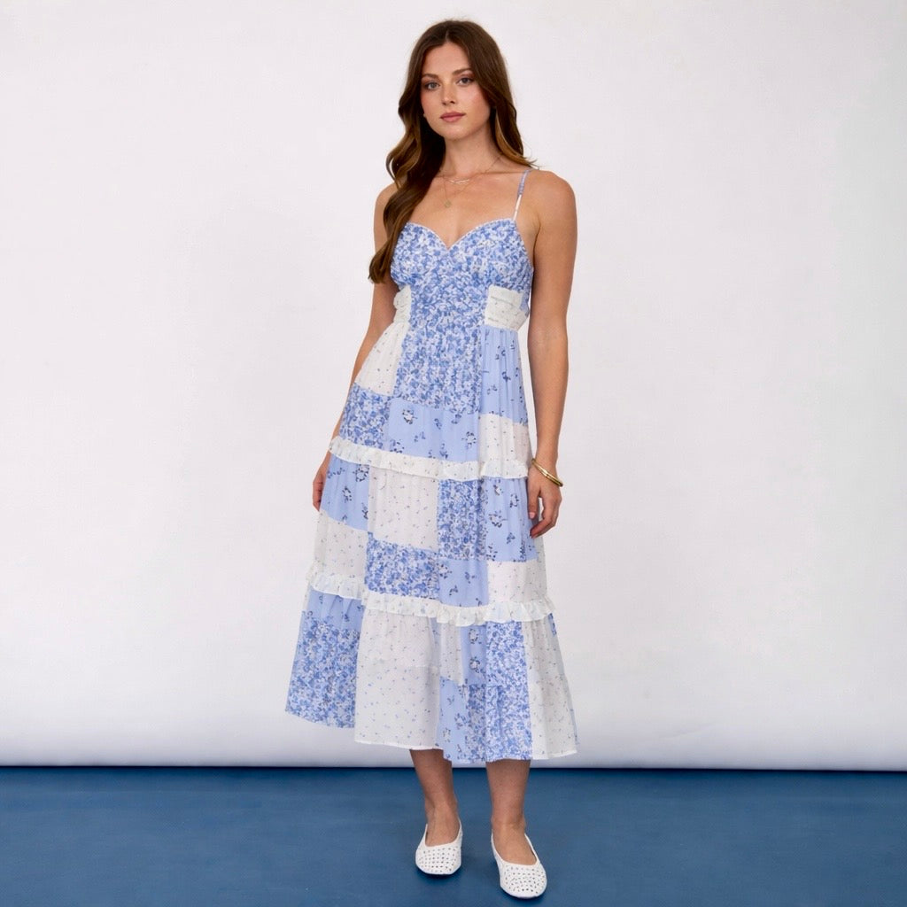 Blue & White Patchwork Floral Midi Dress