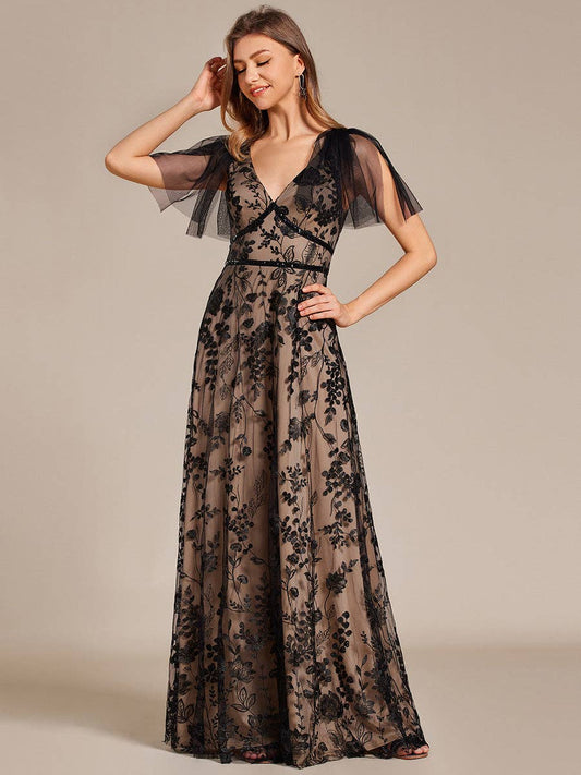 Black and Nude Embroidery Deep V-Neck Ruffles Tulle Dresses