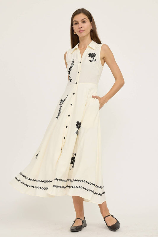 Ivory Sleeveless Embroidered Button Front Maxi Dress