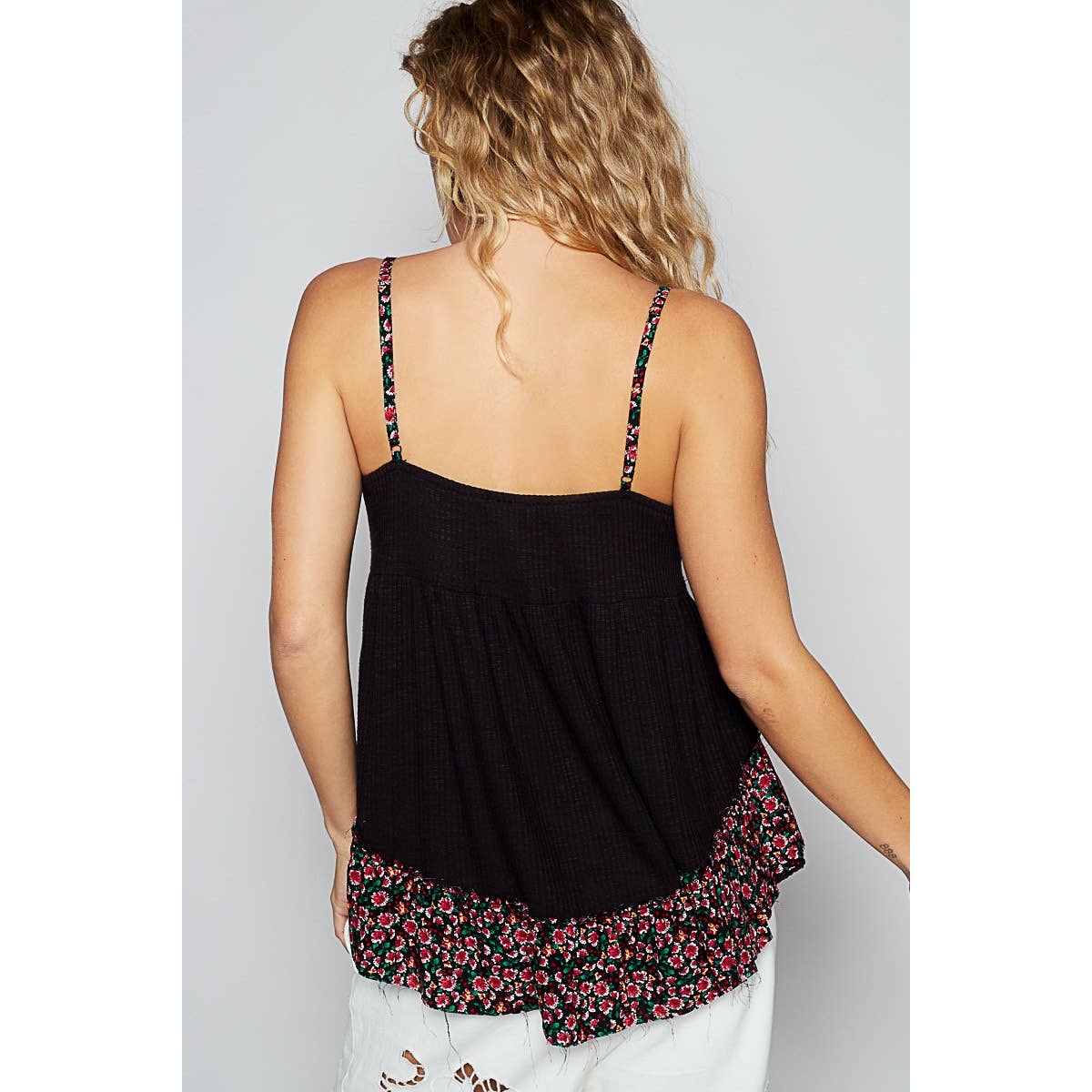 V-neck Sleeveless Black with Floral Print Contrast Tunic Top