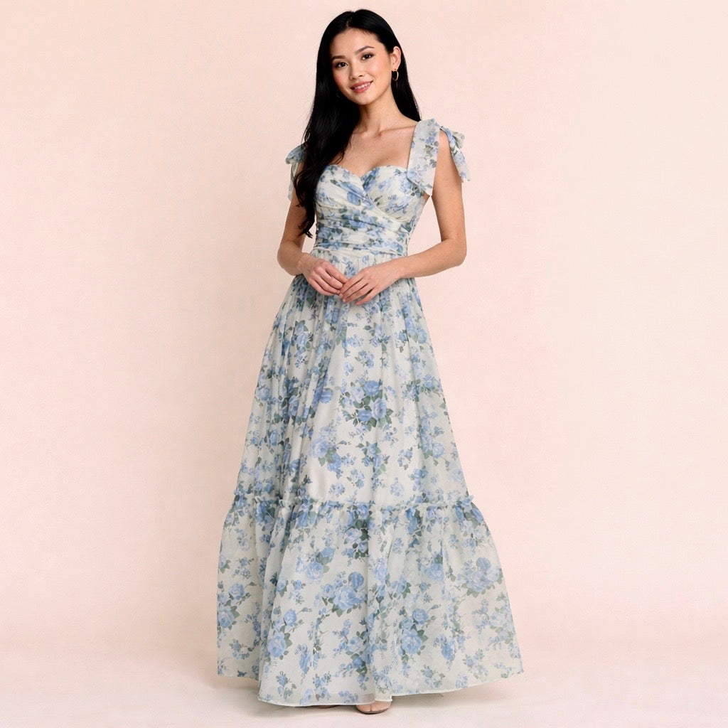 Mint Floral Ruffle Off- Shoulder Maxi Dress