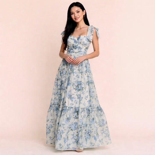 Mint Floral Ruffle Off- Shoulder Maxi Dress
