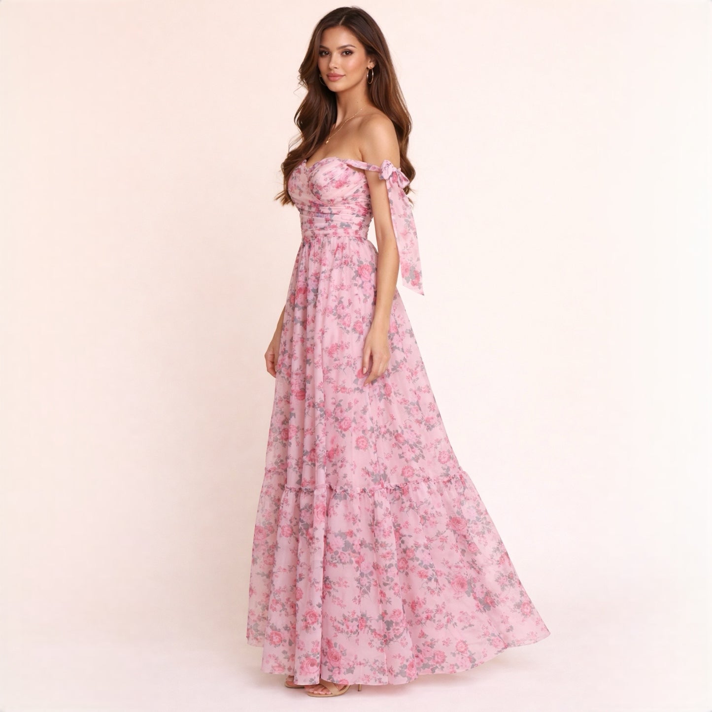 Romantic Pink Floral Off-Shoulder Maxi Dress