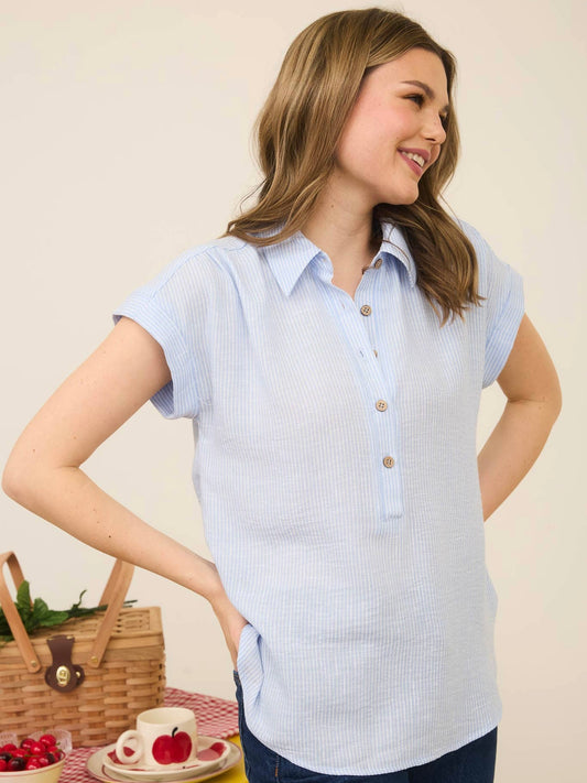 Blue and White Striped Half Button Cap Sleeves Top