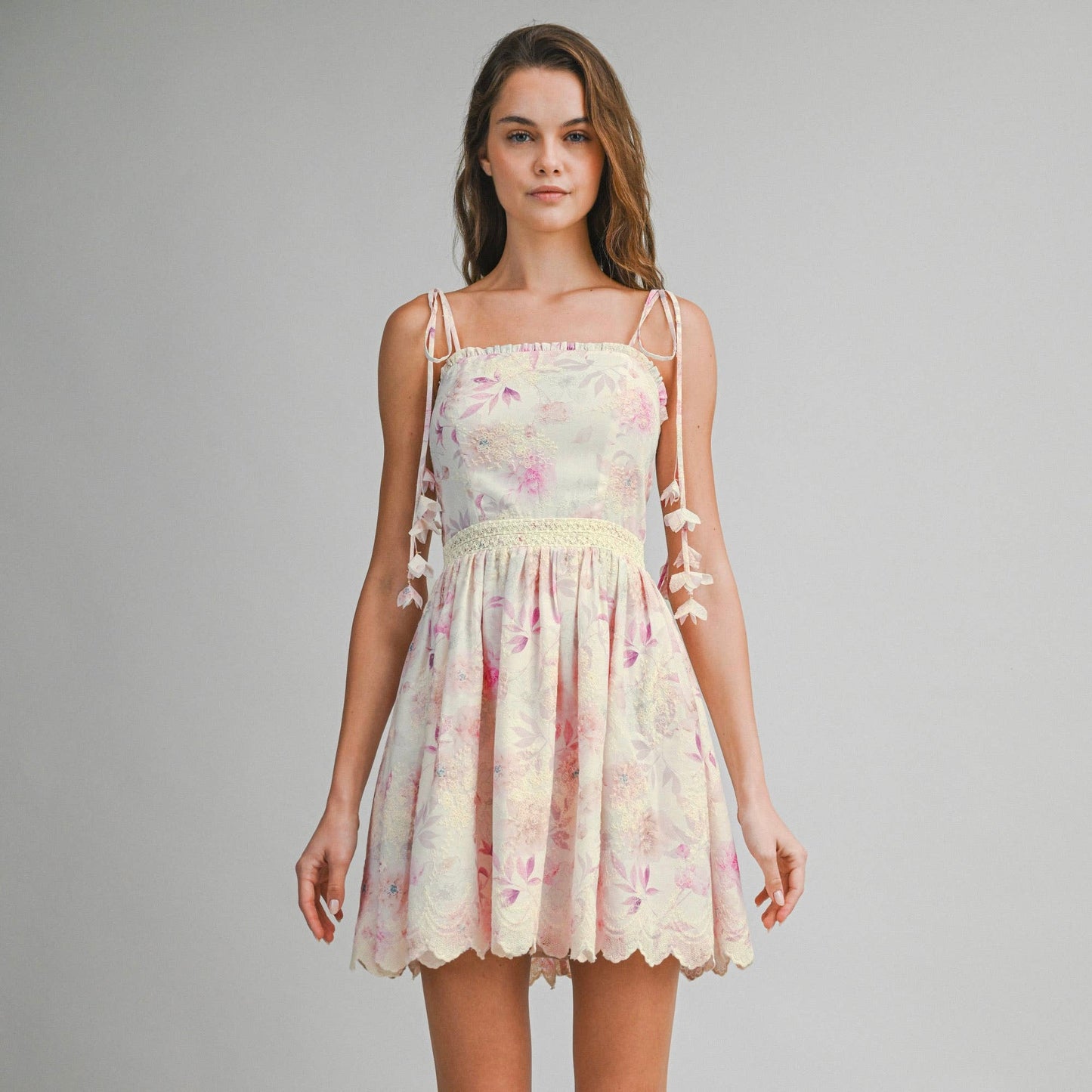 Floral Garden Embroidered Tie-Shoulder Mini Dress