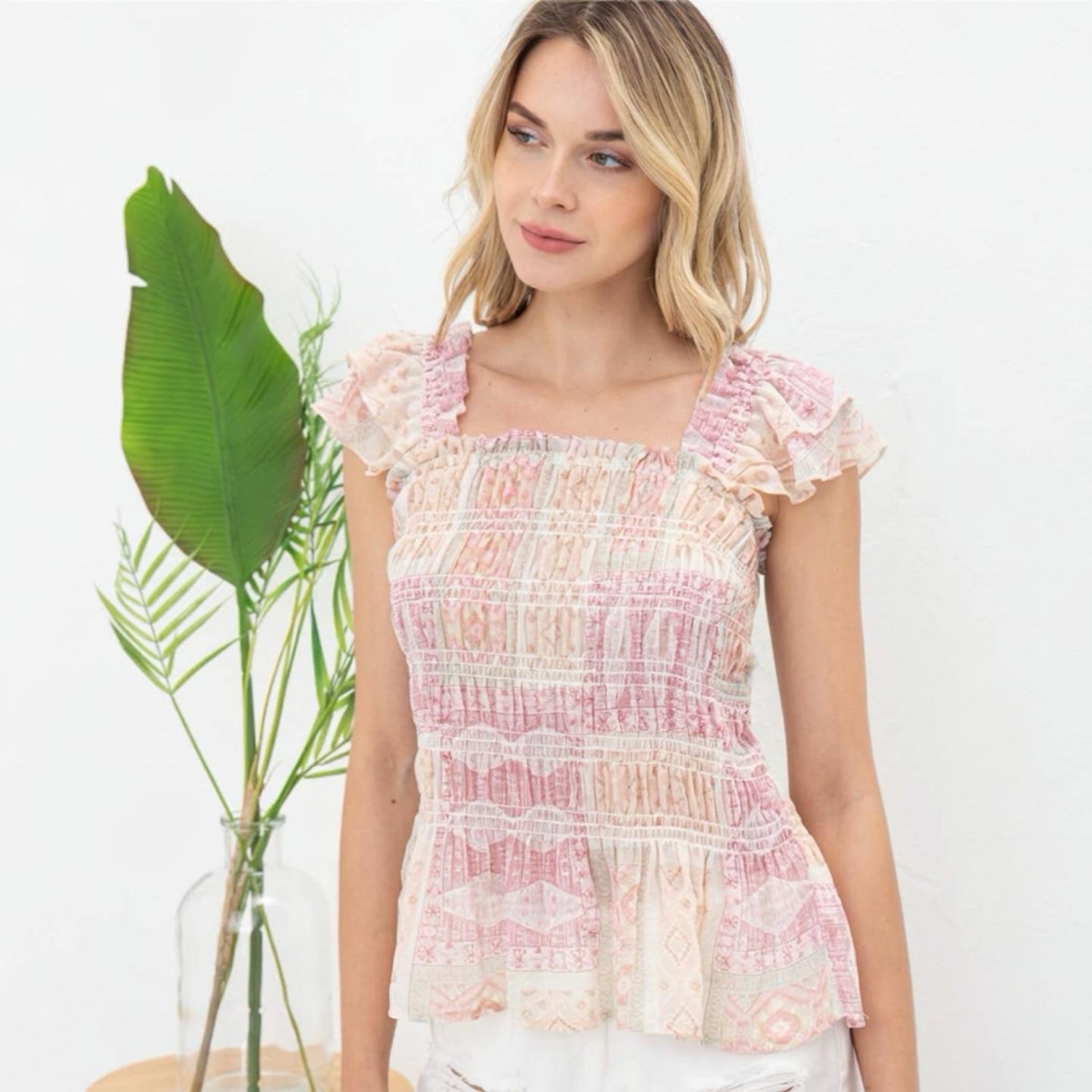 Blush Smocked Ruffle Peplum Top