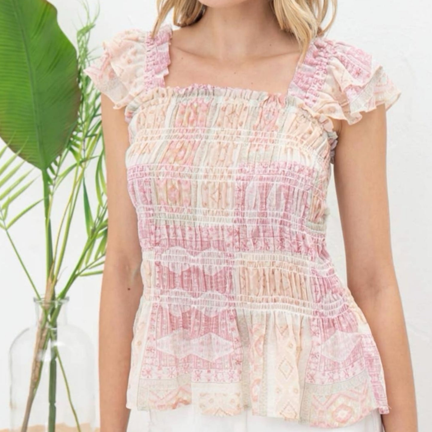 Blush Smocked Ruffle Peplum Top