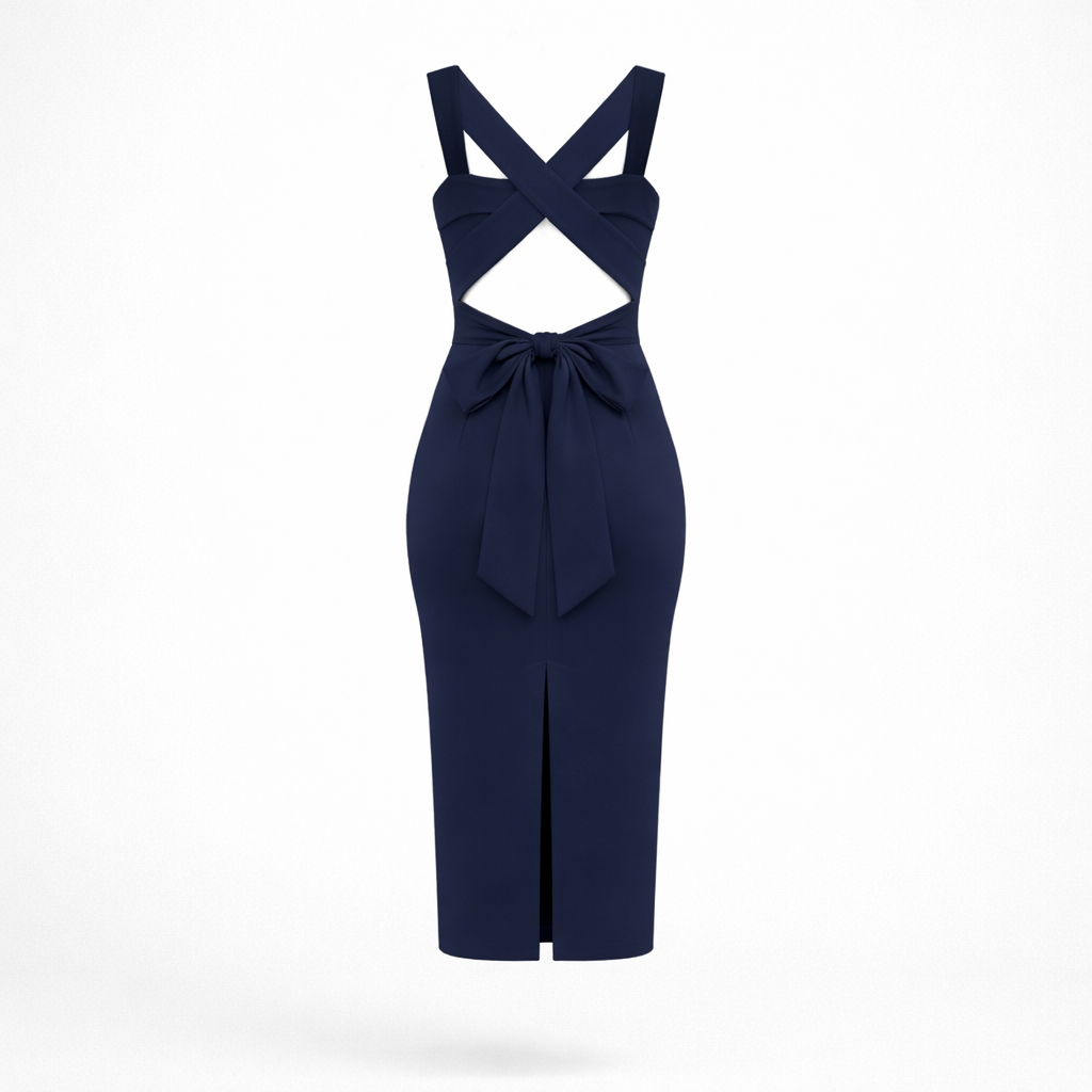 Navy Blue Cross-Back Midi Dress with Slit