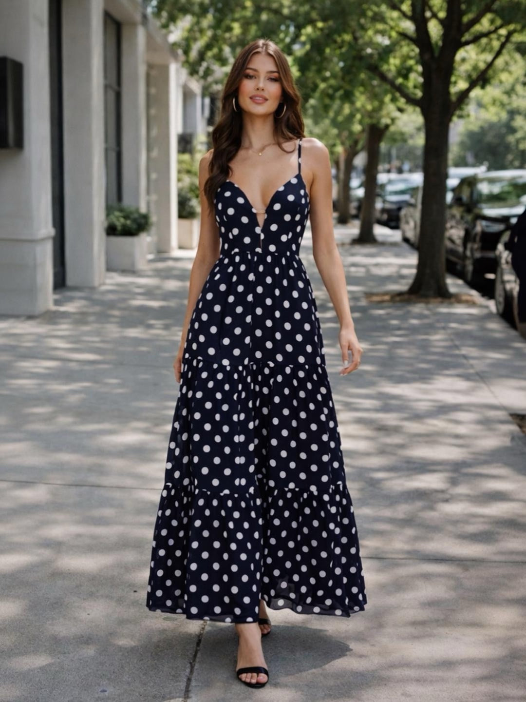 Navy Gold Accent Polka Dot Tiered Maxi Dress