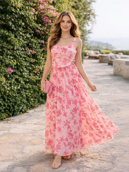 Romantic Floral Sheer Sleeveless Corset Maxi Dress