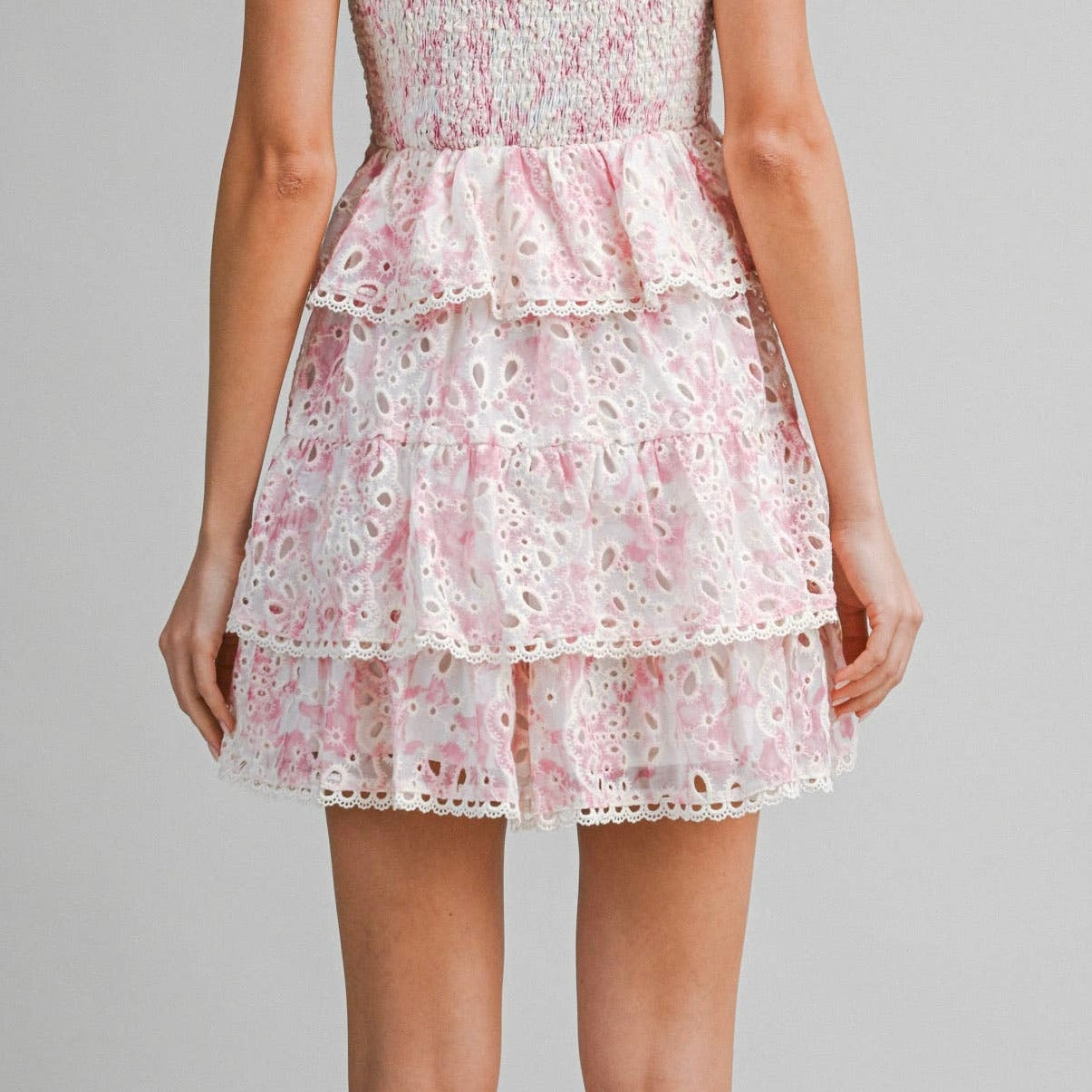 Pink Floral Eyelet Tiered Mini Skirt