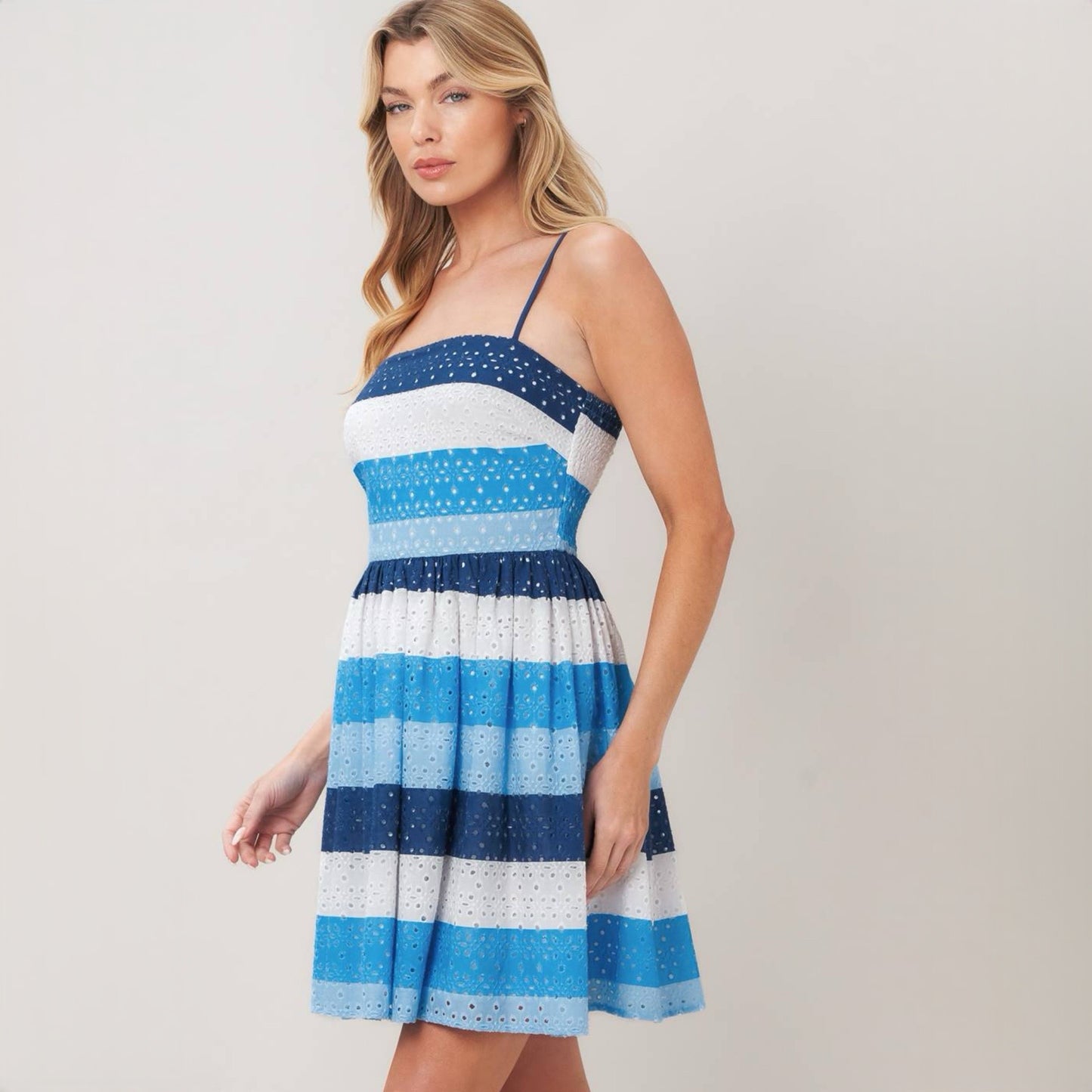 Blue and White Striped Eyelet Mini Dress