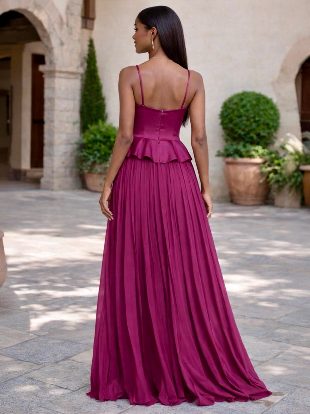 Elegant Satin Chiffon Peplum Maxi Dress