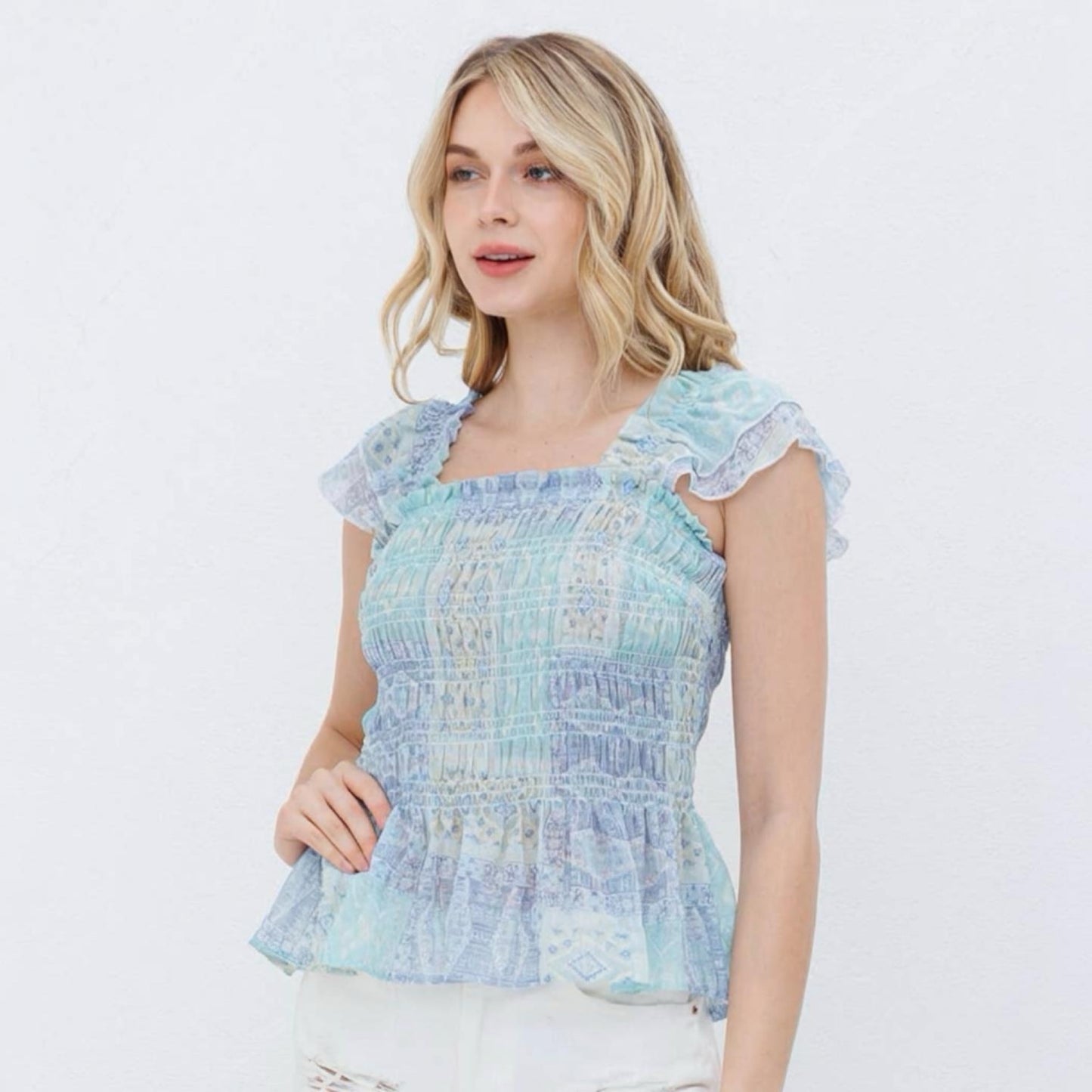Sky Breeze Smocked Peplum Top