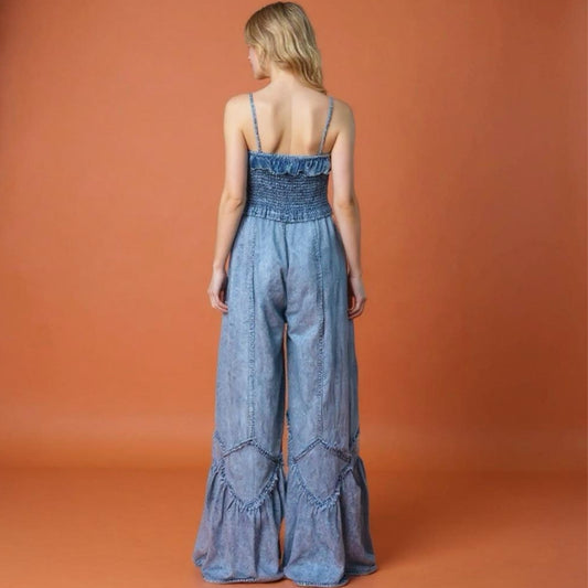 Washed Smocked Ruffle Hem Wide Leg Denim Jumpsuit