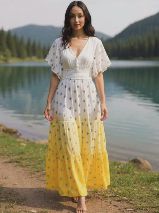 Flutter Sleeve White and Yellow Dip Dye Maxi Dress