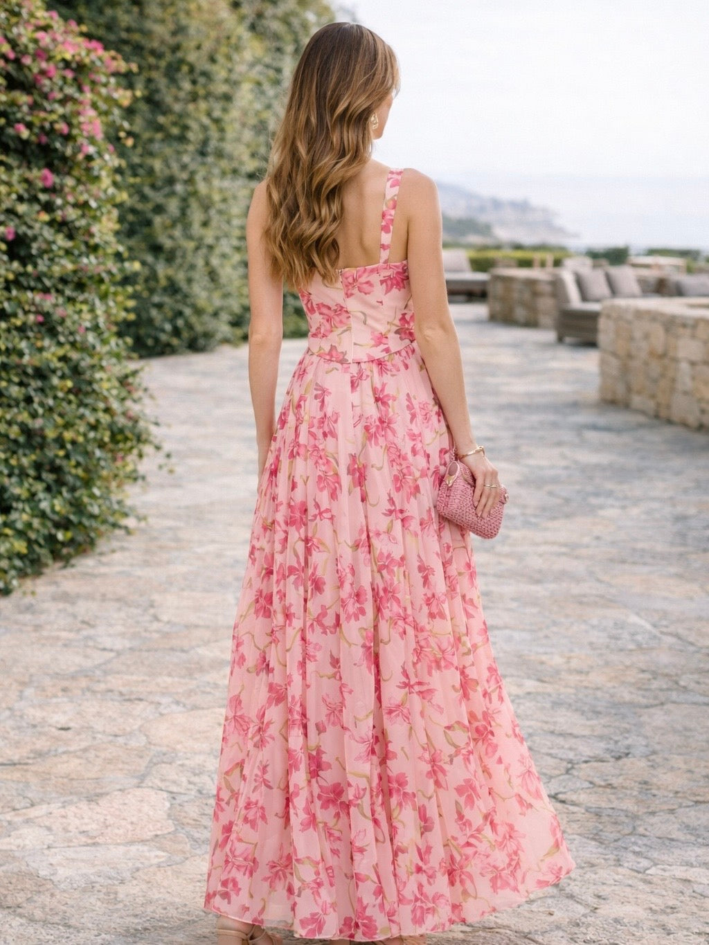Romantic Floral Sheer Sleeveless Corset Maxi Dress