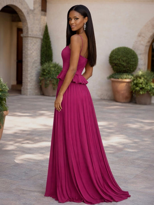 Elegant Satin Chiffon Peplum Maxi Dress