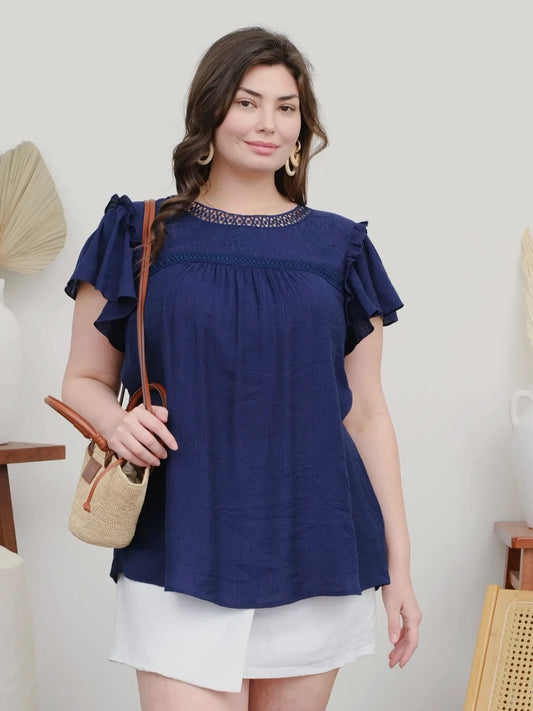 Navy Crochet Details Ruffled Sleeves Top