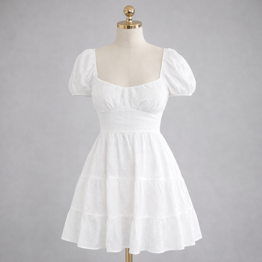 White Eyelet Puff Sleeve Mini Dress