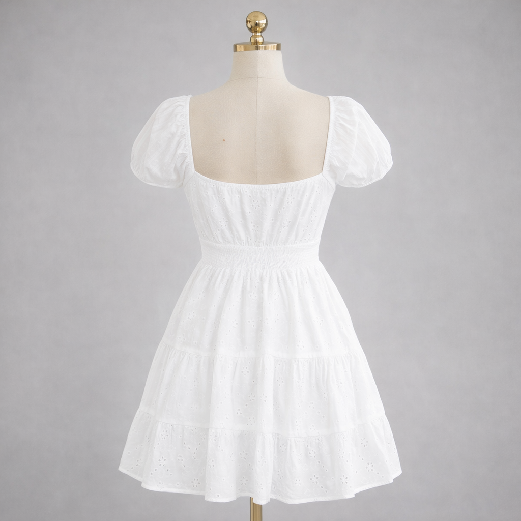 White Eyelet Puff Sleeve Mini Dress