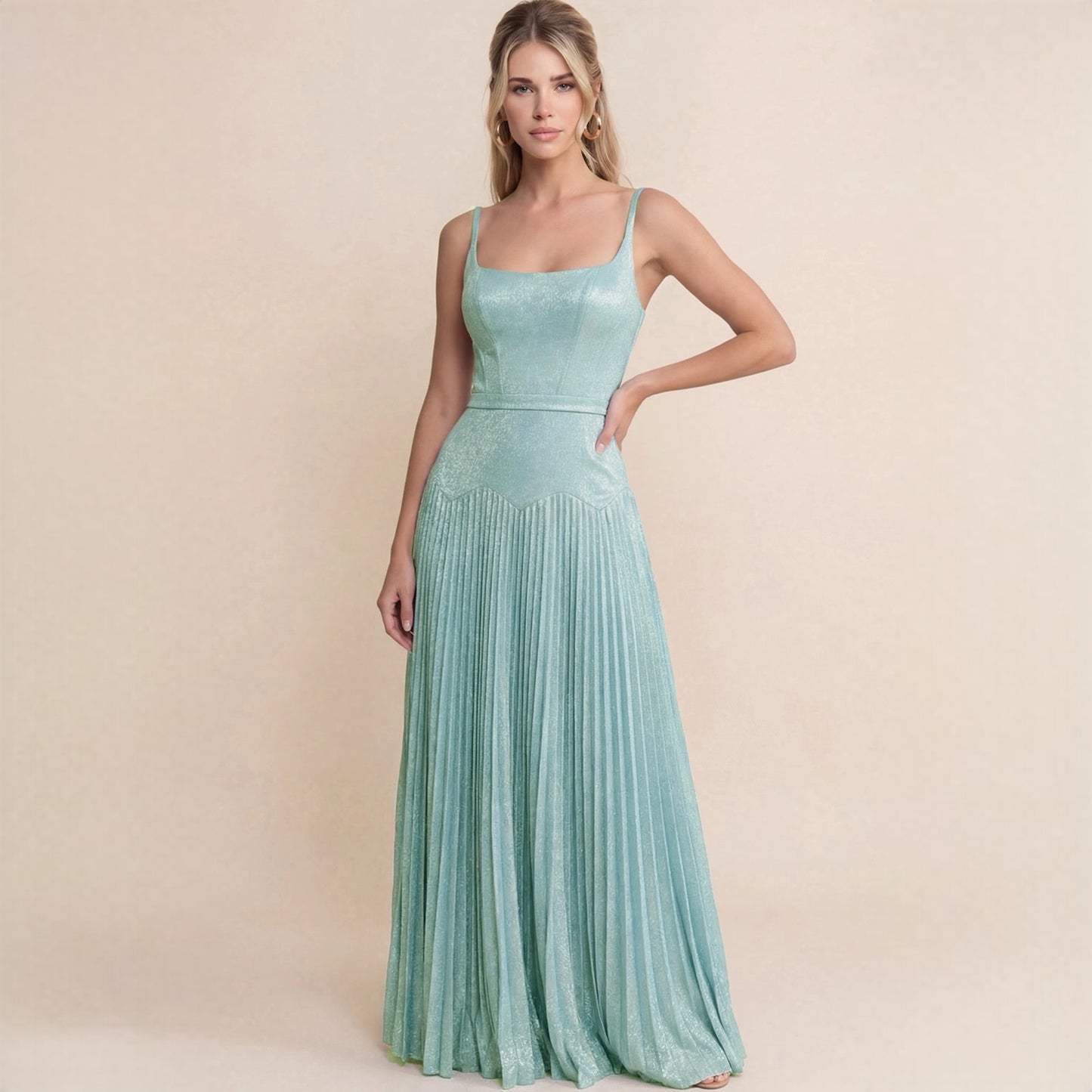 Shimmering Mint Pleated Maxi Dress