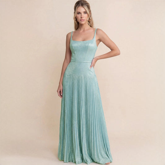 Shimmering Mint Pleated Maxi Dress