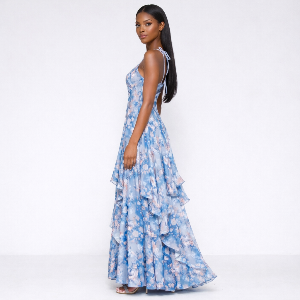 Blue Floral Ruffled Tiered Maxi Dress