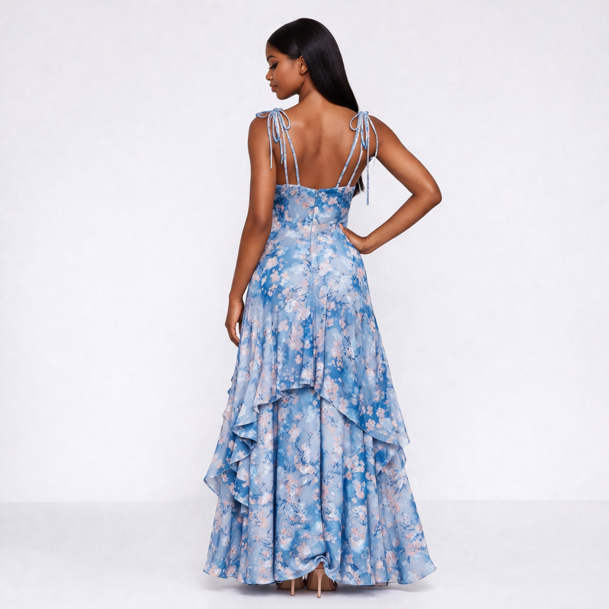 Blue Floral Ruffled Tiered Maxi Dress