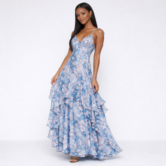 Blue Floral Ruffled Tiered Maxi Dress