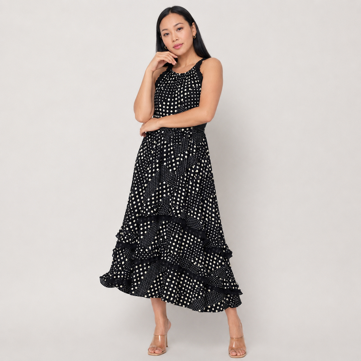 Polka Dot Sleeveless Tiered Midi Dress